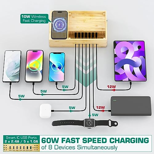 Bamboo Wireless Charging Station for Multiple Devices,Wood Charging Station - color: light bamboo