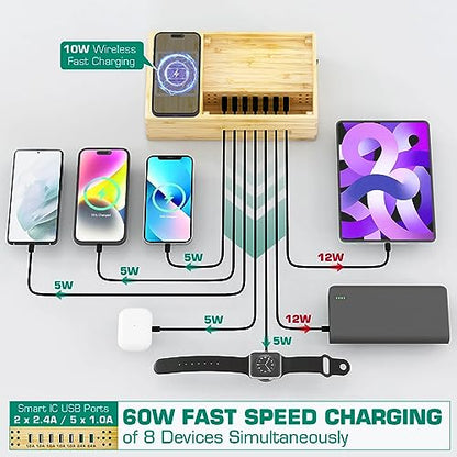 Bamboo Wireless Charging Station for Multiple Devices,Wood Charging Station - color: light bamboo
