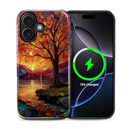 Magnetic Phone Case for iPhone 16 Plus,Compatible with MagSafe,Durable 2 Layers Full Covered Shockproof Protective Cover-Stained Glass Sunrise Fall Leaves - color: Stained Glass Sunrise Fall Leaves, size: iPhone 16 Plus