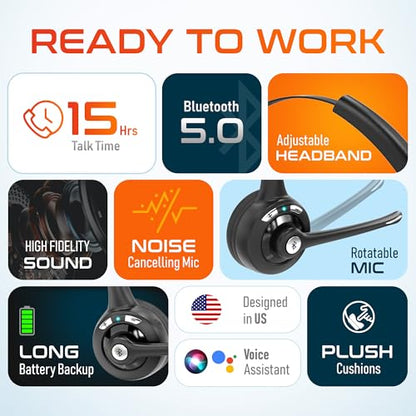 Delton 10X Bluetooth Computer Headset, On-Ear Single Ear Wireless Headset | with Noise Canceling Mic for Computer/Laptop/Call Center/Truck Driver, Works with All Meetings Apps - Black