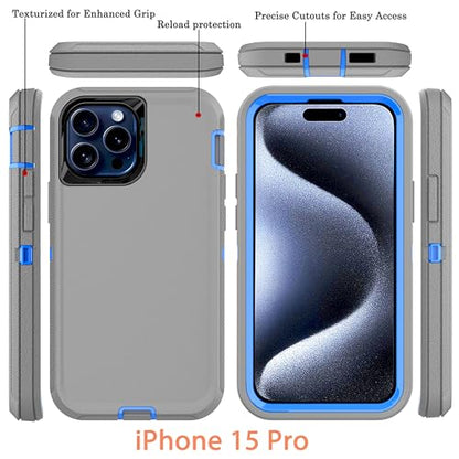 for iPhone 15 Pro Case Shockproof Dropproof Dust-Proof Drop Proof 3-in-1 Durable Phone Case Heavy Duty Protection Phone Case Cover for Apple iPhone 15 Pro 6.1" Grey/Blue