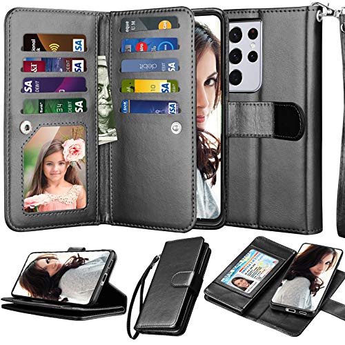 Njjex Wallet Case for Galaxy S21 5G - 9 Card Slots, PU Leather, Detachable Kickstand, Magnetic Cover & Lanyard - Black - color: Black