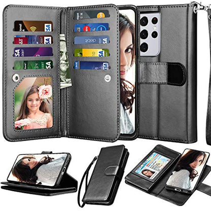 Njjex Wallet Case for Galaxy S21 5G - 9 Card Slots, PU Leather, Detachable Kickstand, Magnetic Cover & Lanyard - Black - color: Black