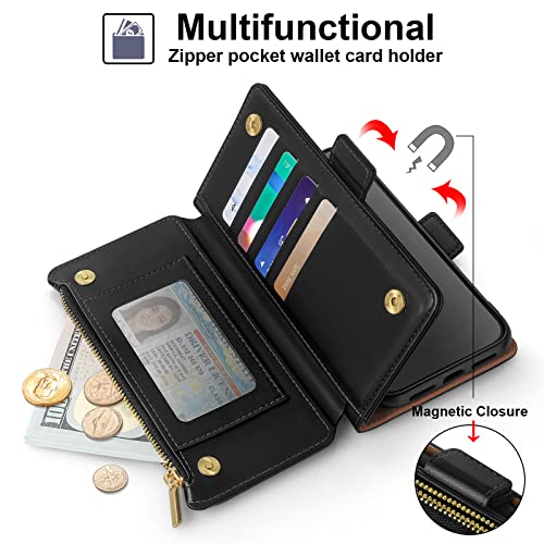 Antsturdy for iPhone 14 Plus Phone Wallet Case Women,Black | RFID Blocking,with Credit Card Holder Slots,PU Leather Purse,Zipper Pocket,Wrist Strap Kickstand,Flip Folio Cover for Men - color: Black-JS