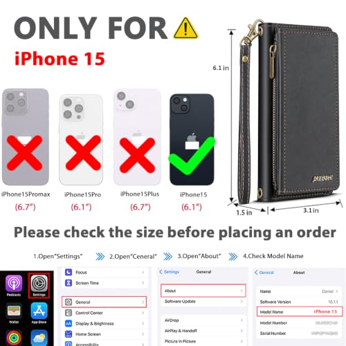 for iPhone 15 Wallet Case, Detachable Magnetic Shockproof Phone Case,Faux Leather Crossbody Wallet,with RFID Blocking，Zipper Card Holder，Shoulder Strap (Black) - color: Black, size: iPhone 15