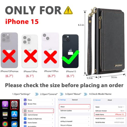 for iPhone 15 Wallet Case, Detachable Magnetic Shockproof Phone Case,Faux Leather Crossbody Wallet,with RFID Blocking，Zipper Card Holder，Shoulder Strap (Black) - color: Black, size: iPhone 15
