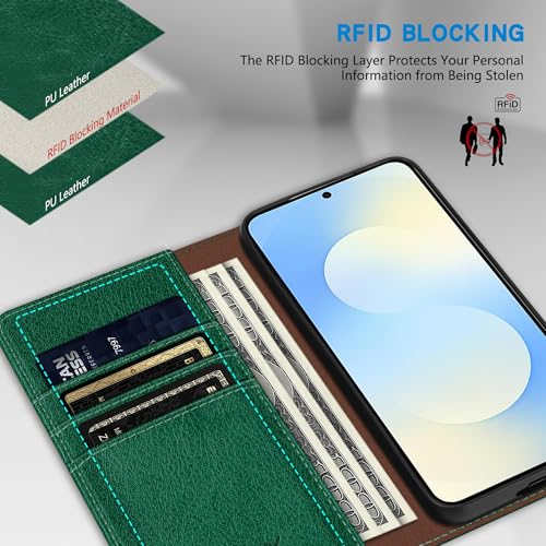 ZZXX for Samsung Galaxy S25 FE Wallet Case with [RFID Blocking] Card Slot Stand Strong Magnetic PU Leather Flip Fold Protective Phone Case for Samsung Galaxy S25 FE Case Wallet(Green-6.7 inch) - color: Green