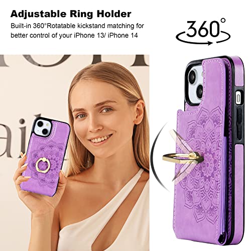 HAOPINSH for iPhone 13/ iPhone 14 Wallet Case with Card Holder, 360°Rotation Ring Kickstand, Purple Mandala Pattern, RFID Blocking Leather for Girls Women, Double Buttons Flip Cover 6.1" - color: Purple Mandala