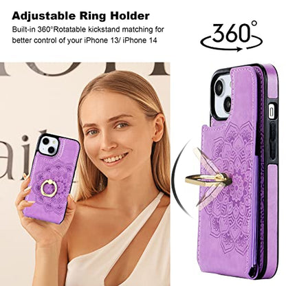 HAOPINSH for iPhone 13/ iPhone 14 Wallet Case with Card Holder, 360°Rotation Ring Kickstand, Purple Mandala Pattern, RFID Blocking Leather for Girls Women, Double Buttons Flip Cover 6.1" - color: Purple Mandala