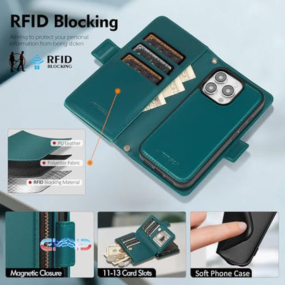 Antsturdy Compatible with MagSafe iPhone 15 Pro Max Wallet Case,Indigo Blue | Detachable Magnetic Credit Card Holder,RFID Blocking,PU Leather Zipper Purse,Wrist Strap Kickstand,Flip Phone Cover for Women - color: (Detachable with Magsafe)-Indigo Blue