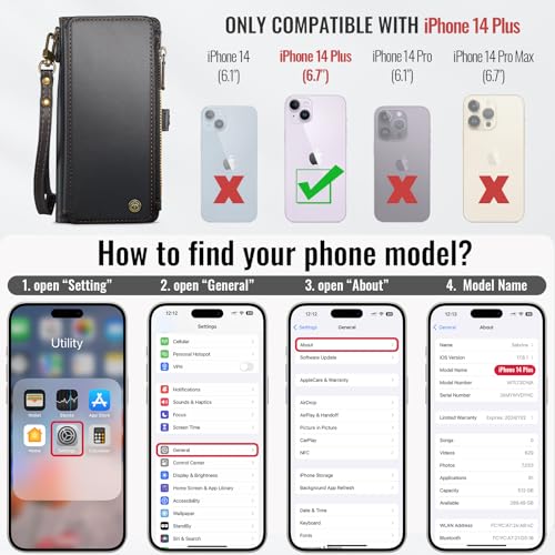 Defencase for iPhone 14 Plus Wallet Case with RFID Card Holder, Black | Durable Soft PU Leather, with Zipper Pocket, Wrist Strap, Fashion Snap Flip Phone Cases Cover with Stand for Women and Men - color: Black