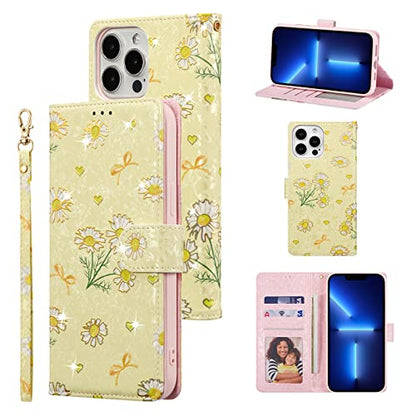 UEEBAI Wallet Case for iPhone 12 Pro Max 6.7 inch, PU Leather Case Kickstand RFID Blocking Flip Case Card Slots Wrist Strap Relief Engraved Pattern Magnetic Closure Flower Folio Case, Yellow Daisy - color: Yellow Daisy, size: iPhone 12 Pro Max 6.7 inch