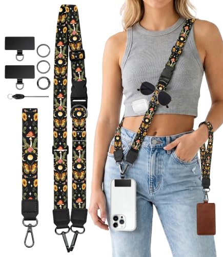 Butterfly Moon Mushroom Cell Phone Lanyard Crossbody Wrist Strap - color: Butterfly Moon Mushroom
