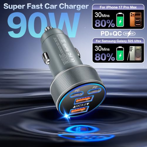 Multi Pack USB C Car Charger,90W Super Fast Charging Cigarette Lighter Adapter Bulk, 4-in-1 Dual USB-C & USB-A Car Phone Power Plug Adapter for iPhone 17/16/15/Pro Max, iPad, Samsung Galaxy S25 - color: Gray, size: 5-Pack
