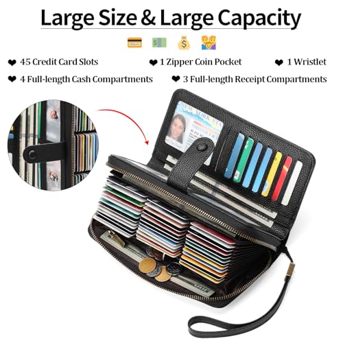 GAEKEAO Leather Credit Card Holder Wallet for Women RFID Blocking Large Capacity Bifold Zipper Card Case Organizer with Wristlet 45 Slots - color: Black03