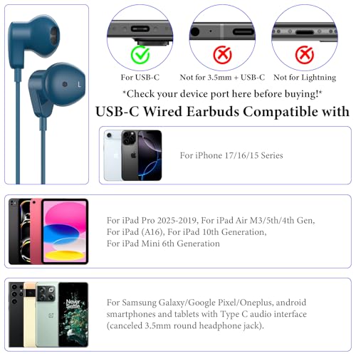 APETOO USB C Headphones for iPhone 18 Pro Max 17 16 15/iPad Air Earbuds - color: Lake blue