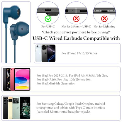 APETOO USB C Headphones for iPhone 18 Pro Max 17 16 15/iPad Air Earbuds - color: Lake blue