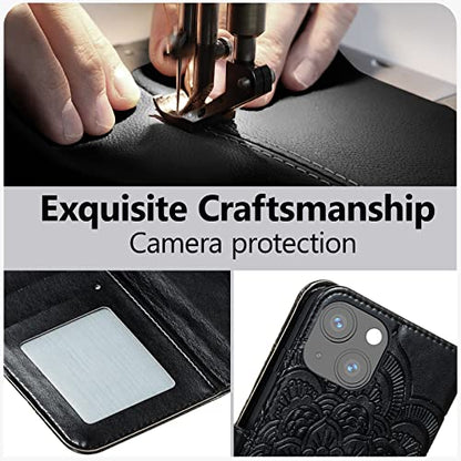 EYZUTAK Case for iPhone 14 Plus, Premium PU Leather Magnetic Flip Wallet Case with Card Holder Cash Slot Lanyard Strap Kickstand Function Embossed Mandala Flower Pattern Shockproof Cover - Black - color: Black, size: iPhone 14 Plus