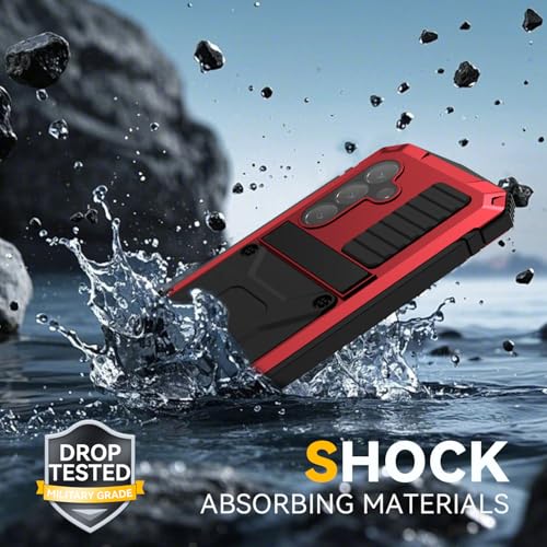 Simicoo for Samsung Galaxy S25 FE Metal Military Heavy Duty Case, Metallic Bumper Shockproof Dustproof Rugged Tough with Stand Screen Protector Camera Control Full Body Drop Protective Cover (Red) - color: Red