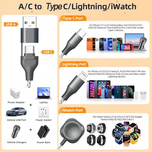 3-in-2 Multi Charging Cable for Apple Watch Charger 4FT Travel Essentials - color: GreyWhite