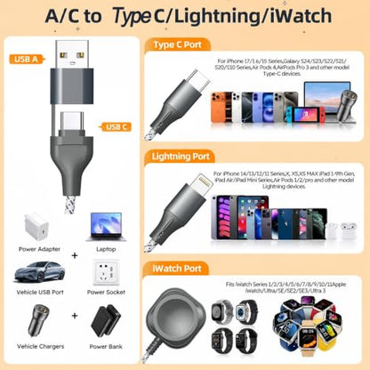 3-in-2 Multi Charging Cable for Apple Watch Charger 4FT Travel Essentials - color: GreyWhite