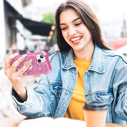 Hython Case for iPhone 13 Case Glitter, Cute Sparkly Shiny Bling Sparkle Cover, Heavy Duty 3 in 1 Hybrid Hard PC Soft TPU Bumper Full Body Shockproof Protective Phone Cases for Women Girls, Rose Red - color: Rose Red