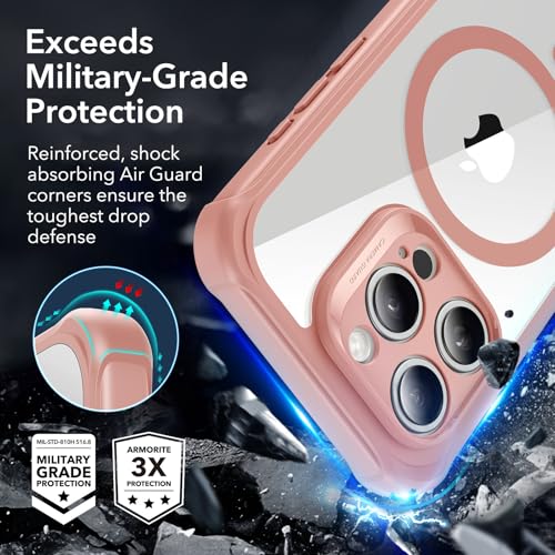 ESR for iPhone 15 Pro Max Case, Compatible with MagSafe, Full-Body Military-Grade Drop Proof Case with Built-in 9H+ Tempered Glass Screen Protector, Armor Series, Clear Pink | Compatible with MagSafe, with Camera Lens Protector, Military-Grade Drop Protec