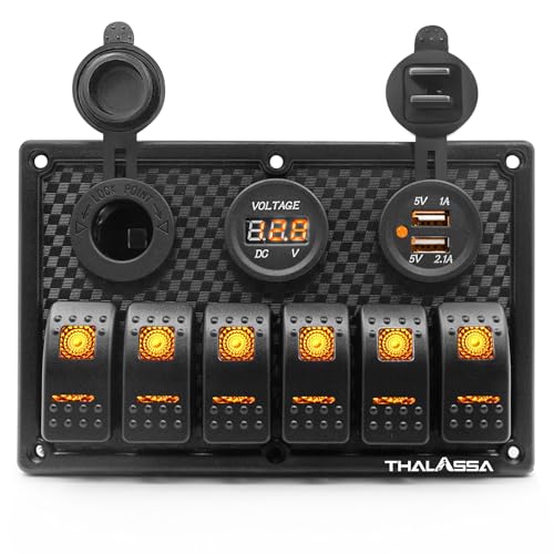 6 Gang Boat Rocker Switch Panel Marine 12V LED Illuminated Orange Rocker Switches, 12V Digital Voltmeter Display, 5V Dual USB Charger Socket for RV Car Tow Truck Vehicles Yacht Ship