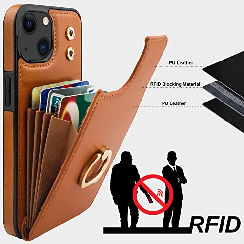 Folosu Compatible with iPhone 14 Case Wallet with Card Holder, 360°Rotation Finger Ring Holder Kickstand, RFID Blocking Leather Protective Double Buttons Shockproof Cover 6.1 Inch Brown - color: Brown, size: iPhone 14