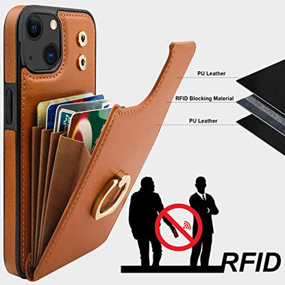 Folosu Compatible with iPhone 14 Case Wallet with Card Holder, 360°Rotation Finger Ring Holder Kickstand, RFID Blocking Leather Protective Double Buttons Shockproof Cover 6.1 Inch Brown - color: Brown, size: iPhone 14