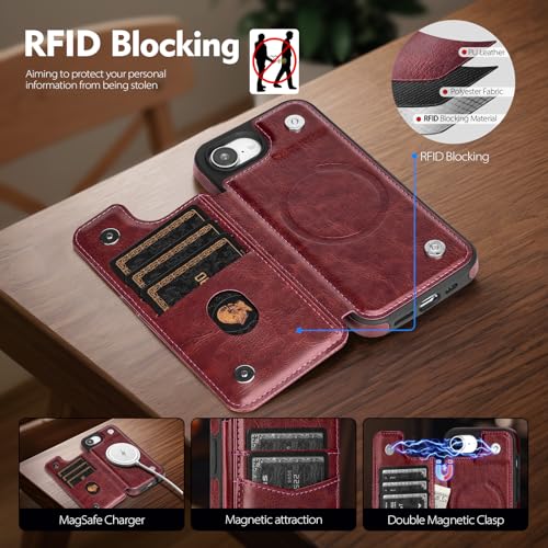 SkyEagle Compatible with MagSafe iPhone 17e / 16e Case Wallet,Wine Red | Magnetic Clasp,RFID Blocking,PU Leather,Flip Folio Shockproof Phone Cover,with Credit Card Slots & Kickstand for Men & Women - color: Wine Red