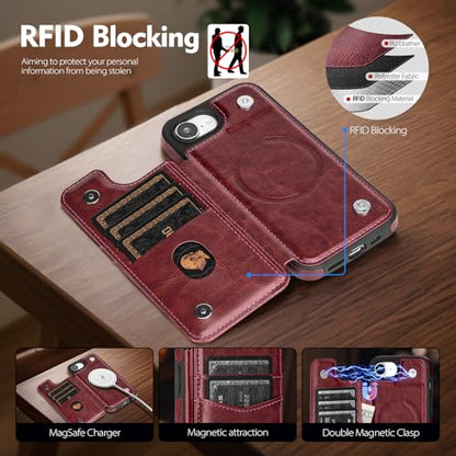 SkyEagle Compatible with MagSafe iPhone 17e / 16e Case Wallet,Wine Red | Magnetic Clasp,RFID Blocking,PU Leather,Flip Folio Shockproof Phone Cover,with Credit Card Slots & Kickstand for Men & Women - color: Wine Red