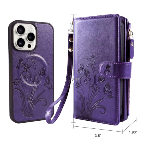 for iPhone 16e/17e Case Wallet,Compatible with MagSafe Magnetic 2 in 1 Magnetic Detachable PU Leather RFID Blocking Wallet Cover Card Holder Zipper Wrist Strap Lanyard,Floral Purple - color: Purple