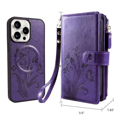 for iPhone 16e/17e Case Wallet,Compatible with MagSafe Magnetic 2 in 1 Magnetic Detachable PU Leather RFID Blocking Wallet Cover Card Holder Zipper Wrist Strap Lanyard,Floral Purple - color: Purple