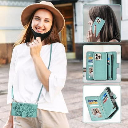 Asuwish Phone Case for iPhone 16 Pro 6.3 inch Zipper Wallet Detachable Cell Cover with Tempered Glass Screen Protector Crossbody Lanyard Strap Flower Card Holder i Phone16 i16 16Pro Women Girls Green - color: Green