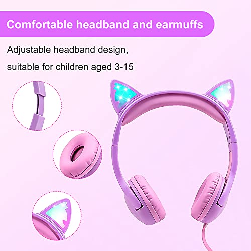 Olyre Kids Wired Headphones LED Light-Up Cat Ears Headset, Dual Audio Jack - color: Purple