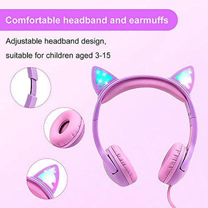 Olyre Kids Wired Headphones LED Light-Up Cat Ears Headset, Dual Audio Jack - color: Purple