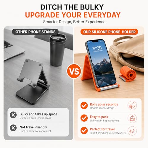 2PCS Portable Foldable Silicone Aluminum Phone Stand, Bendable Core Foldable Rollable Phone Holder - Flexible iPhone Stand for Long Travel Accessories - Plane Essentials (Orange)
