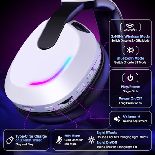 BENGOO 60H Wireless Gaming Headset with RGB Lights for PS5 PS4 PC - color: White