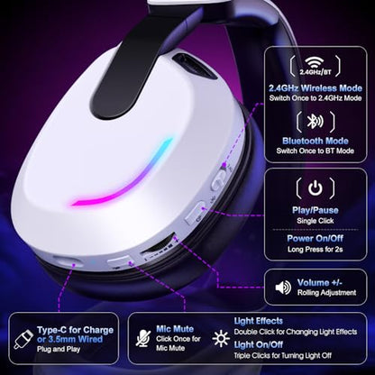 BENGOO 60H Wireless Gaming Headset with RGB Lights for PS5 PS4 PC - color: White