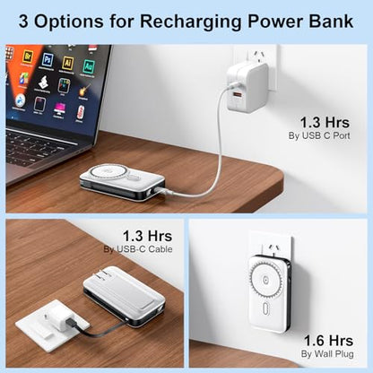 For MagSafe Portable Charger with 2 Cables & Wall Plug, Magnetic Power Bank - color: White