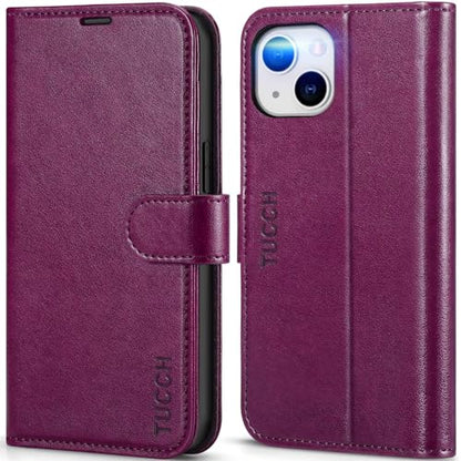 TUCCH Wallet Case for iPhone 14 (6.1") 2022, Flip Stand, Plum Purple | RFID Blocking, 4 Card Holders, Kickstand, PU Leather, Shockproof TPU Shell, Magnetic Closure, Protective Folio Cover - color: Plum Purple