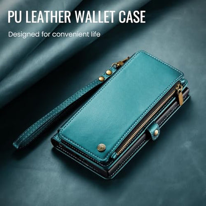 Defencase for Samsung Galaxy S26 Ultra Wallet Case with Card Holder, Green | with RFID Blocking Zipper Pocket, Durable PU Leather, Wrist Strap, S26 Ultra Flip Phone Cases Cover with Stand for Women Men - color: Blue Green