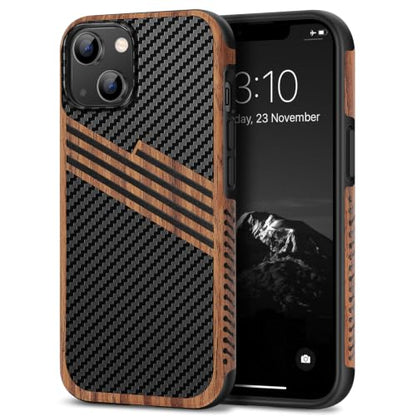 TENDLIN Compatible with iPhone 13 Case Wood Grain with Carbon Fiber Texture Design Leather Hybrid Slim Case (Three Stripe) - color: Three Stripe