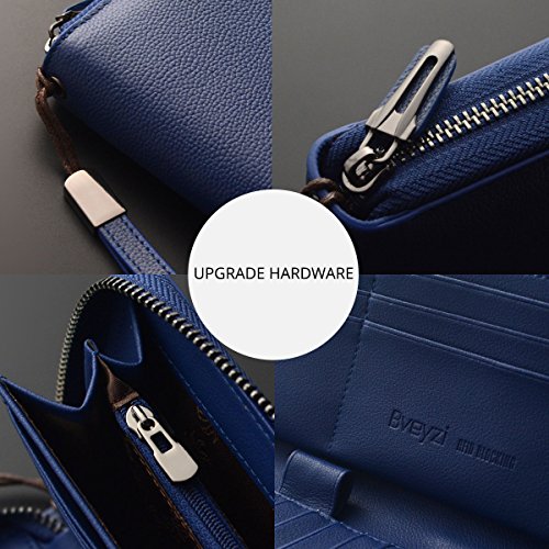 Bveyzi Women RFID Blocking Wallet Leather Zip Around Phone Clutch Large Capacity Ladies Travel Purse Wristlet - color: Navy Blue