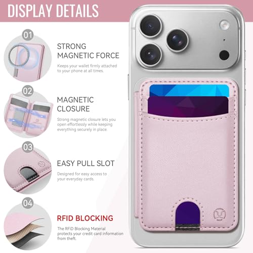HXY for Magsafe Wallet Magnetic Card Holder RFID Blocking with Stand, 6 Card Holder for Phone Case, Slim Leather Magnetic Wallet for iPhone 17/16/15/14/13/12 Pro/Max/Plus (Pink) - color: Pink