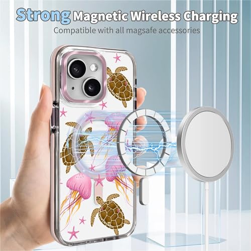 VisEnt Clear Case for iPhone 14, Magnetic Phone Case, Transparent Slim Cover, Military Grade Protection, Shockproof, Anti-Yellowing, Scratch Resistant, Pink Jellyfish Sea Turtle - color: Pink Jellyfish Sea Turtle, size: Iphone 14