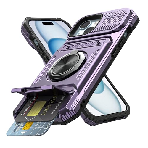 Vofolen for iPhone 15 Wallet Case with Card Holder [Store 2 Cards] Purple | 360°Magnetic Rotated Ring Stand Dual Layer Heavy Duty Shockproof Drop Protection Wallet Phone Case for iPhone 15-6.1'' Purple - color: Purple