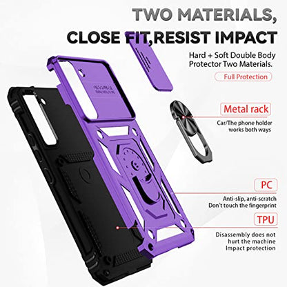 for Samsung Galaxy S22 Case with Camera Lens Cover HD Screen Protector, Dual Layer Military-Grade Drop Tested Magnetic Ring Holder Kickstand Protective Phone Case for Samsung Galaxy S22 5G (Purple) - color: Purple with camera cover Military-Grade 2nd gen