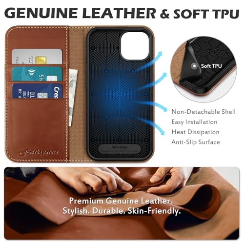 SHIELDON Genuine Leather Flip Wallet Case for iPhone 14 6.1", Retro Brown | Magnetic Closure, RFID Blocking, Credit Card Holder, Kickstand, Flip Design, Shockproof Protective Cover - color: Blown - Retro